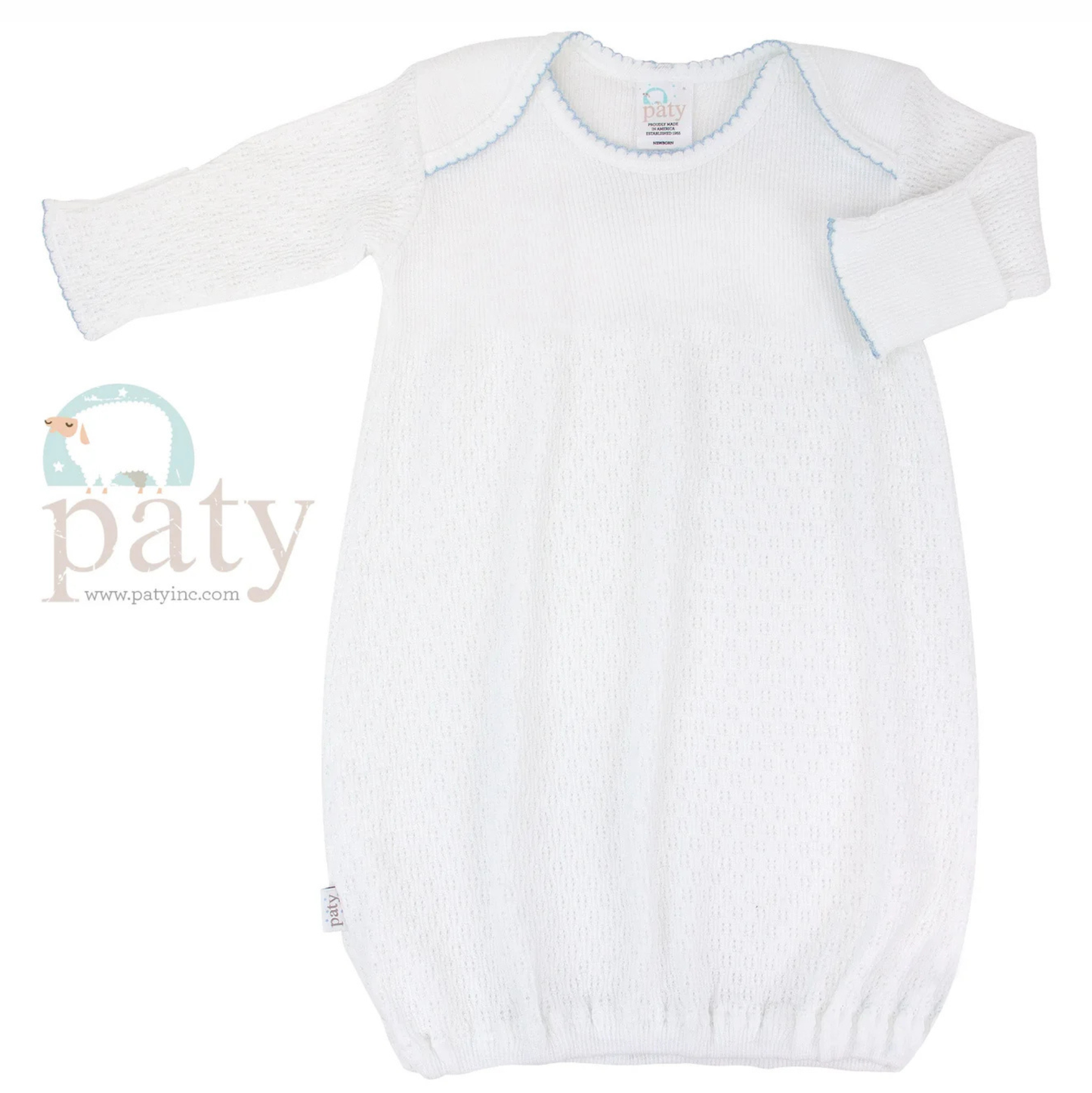 Paty Long Sleeve Lap Shoulder Gown White - Blue Trim - No Bow