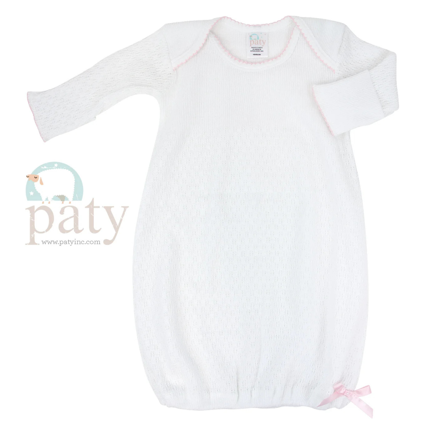 Paty Long Sleeve Lap Shoulder Gown White - Pink Trim