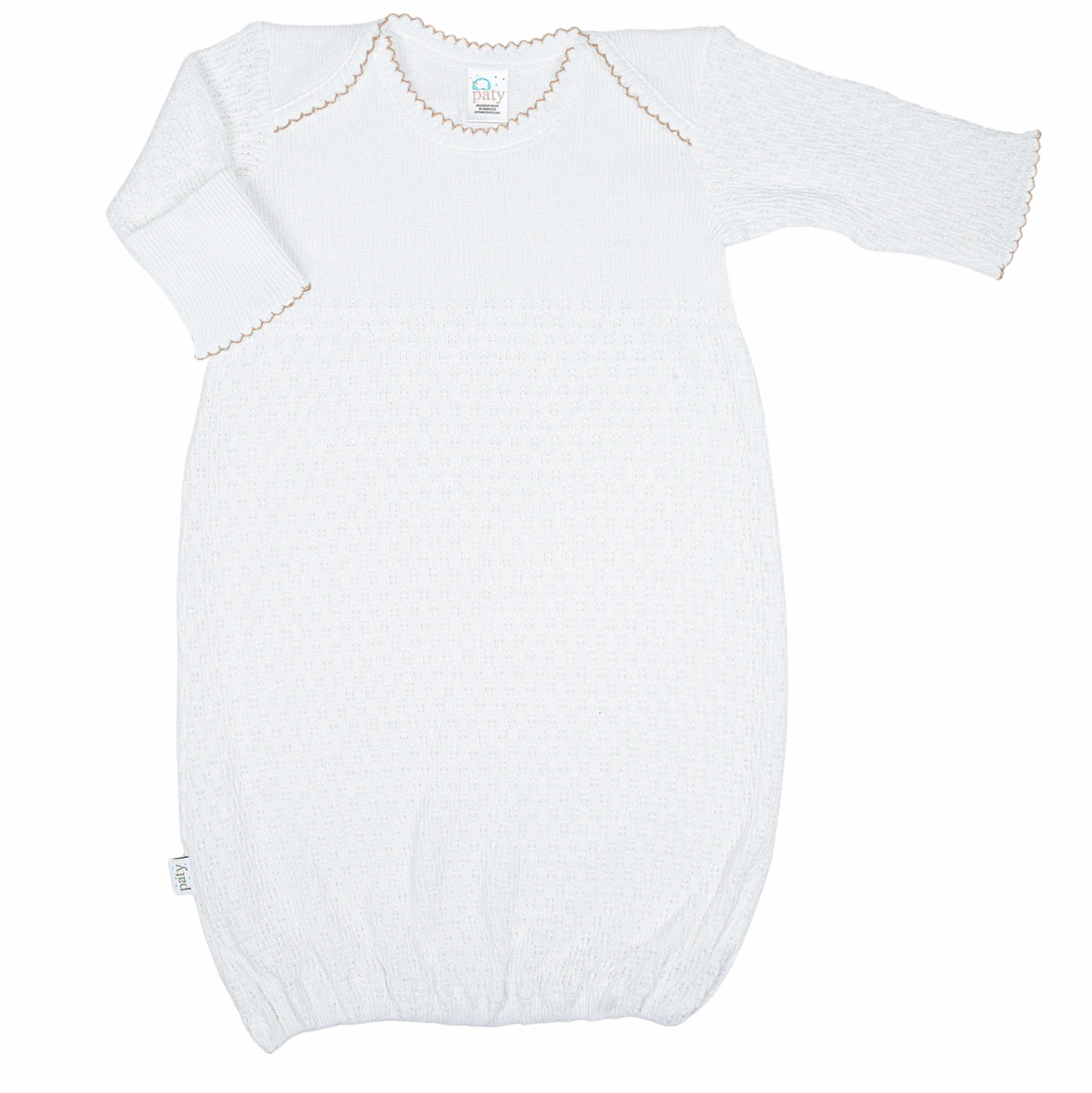 Paty Long Sleeve Lap Shoulder Gown White - Sand Trim - No Bow