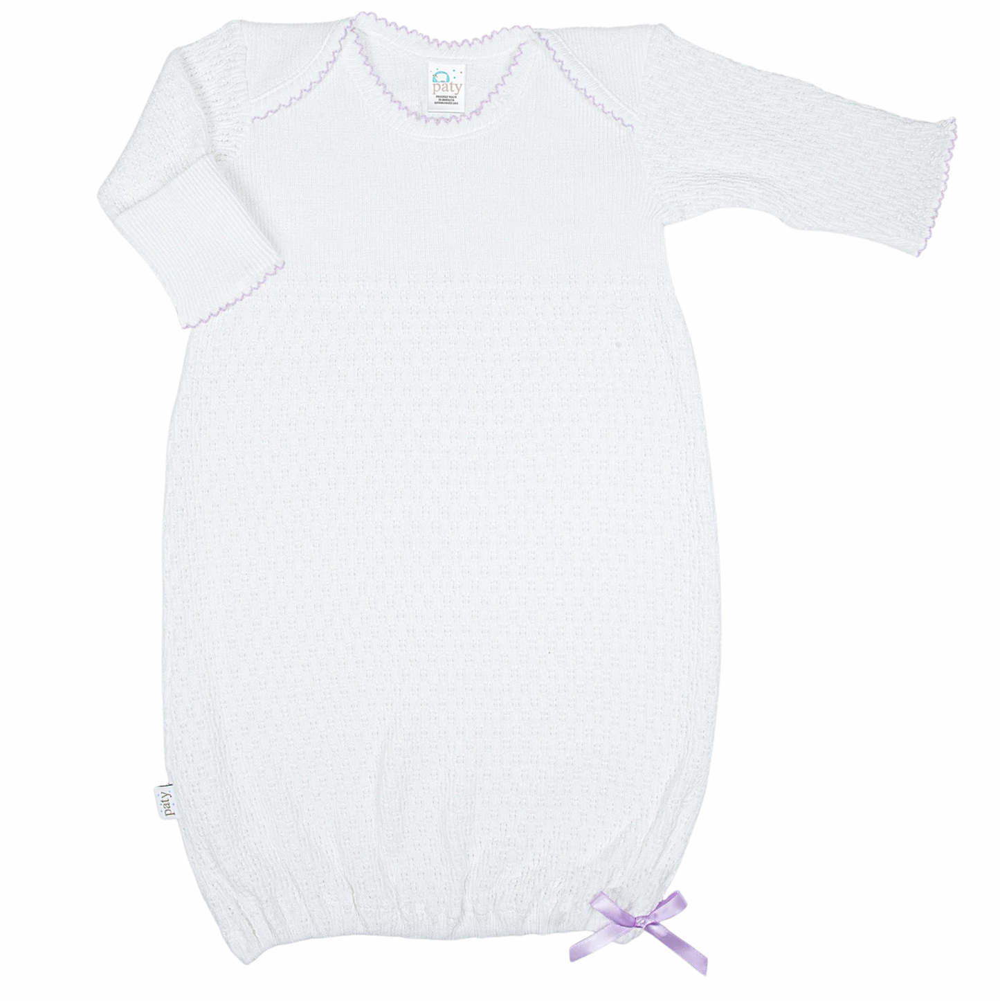 Paty Long Sleeve Lap Shoulder Gown White - Lavender Trim - w/ Bow