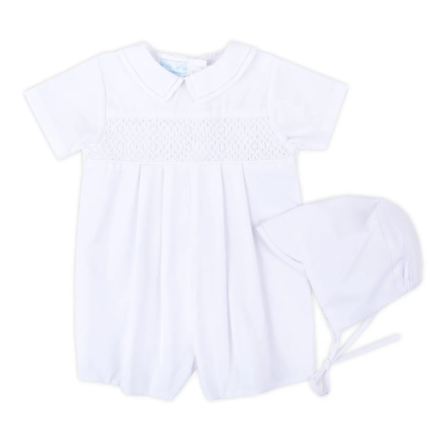 Petit Ami White Diamond Smocked Shortall w/ Hat