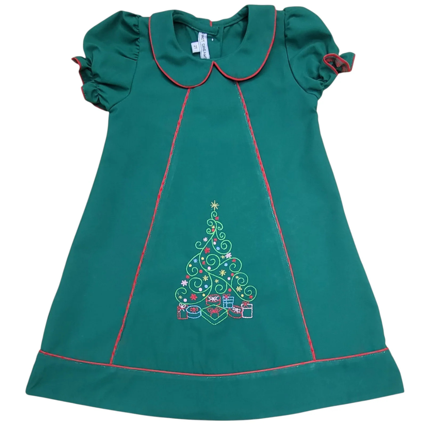 Christmas Tree Embroidered Hunter Green Dress