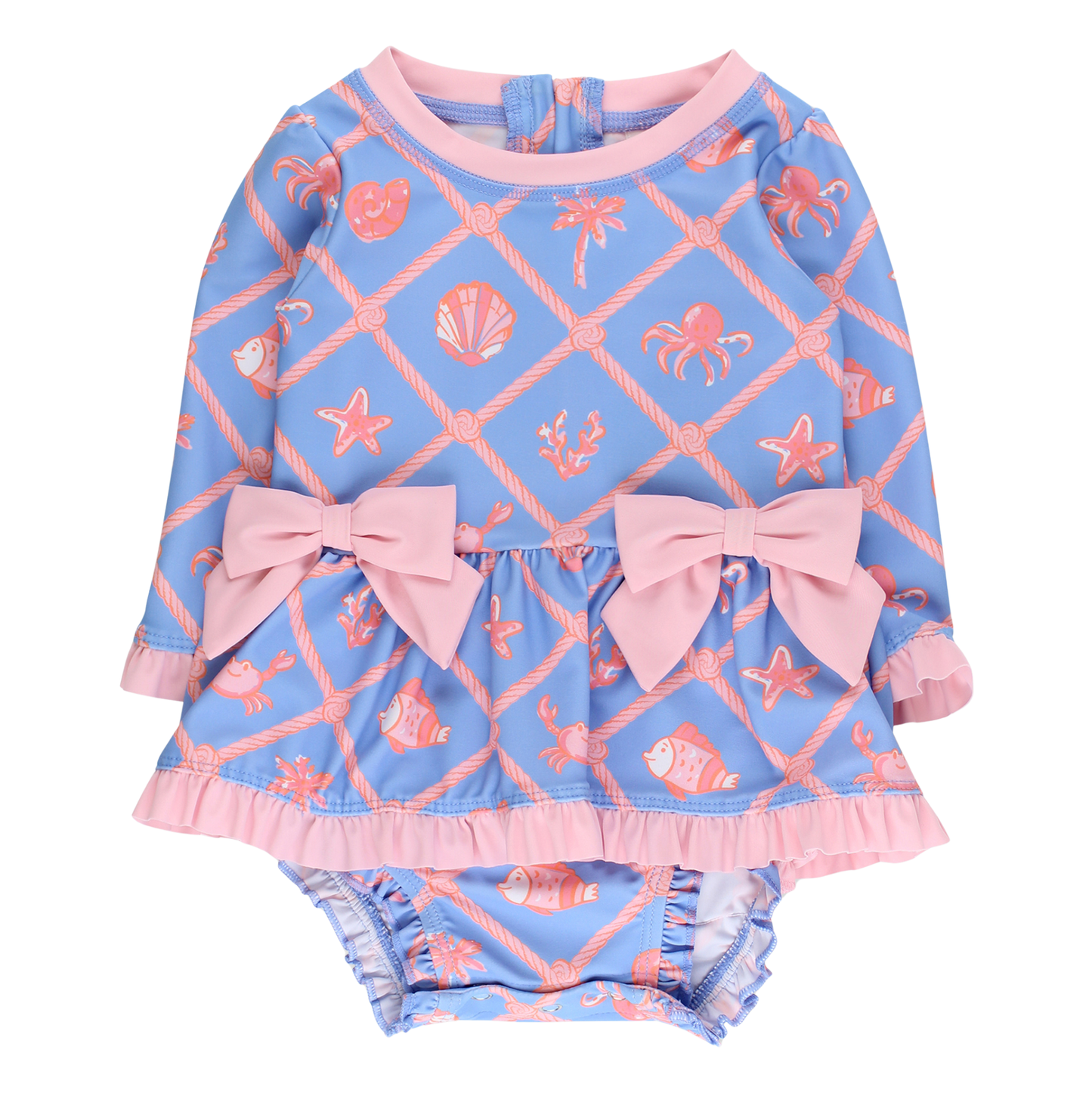 Tropical Trellis LS One Piece Bow Peplum Rash Guard Swimsuit