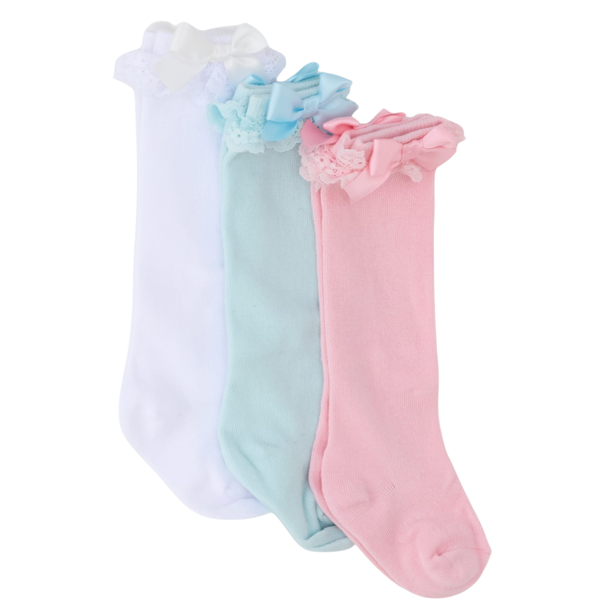 Lace Ruffle Bows Knee Socks - 3 Pack White, Ocean Tide, Pink