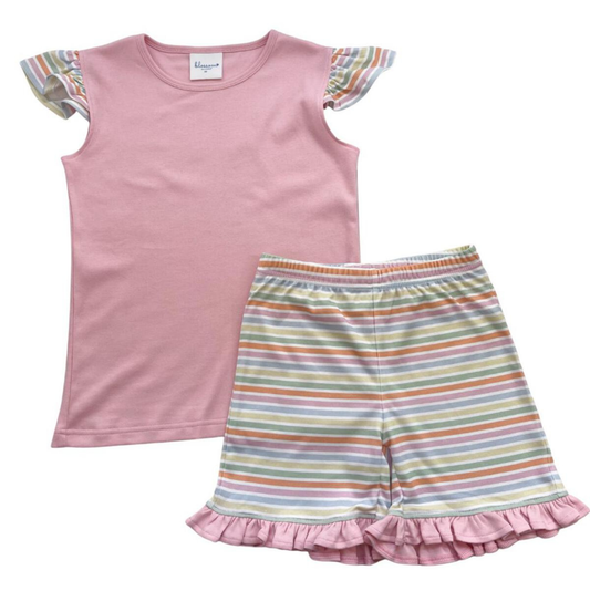 Pink Multi-Stripe Ruffle Short Set