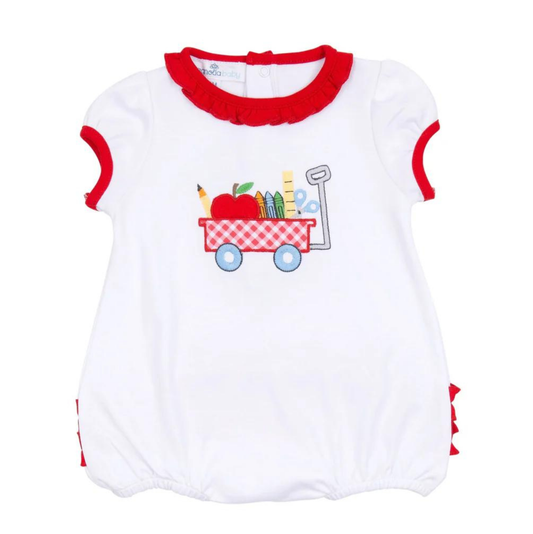 School Wagon Applique Red Ruffle Bubble