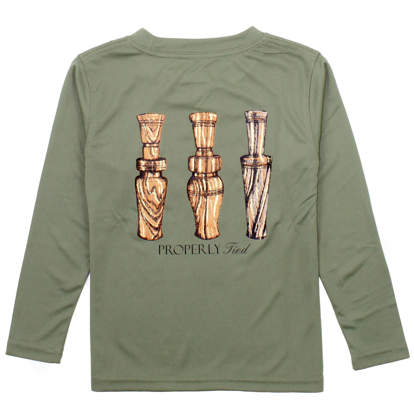 Properly Tied Olive Duck Calls LS Performance Tee