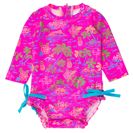 Ruffle Butts Neon Island Time LS One Piece Rashguard