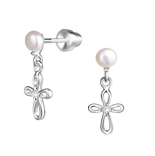 Cherished Moments Sterling Silver Drop Cross Earring w/ Pearl Stud