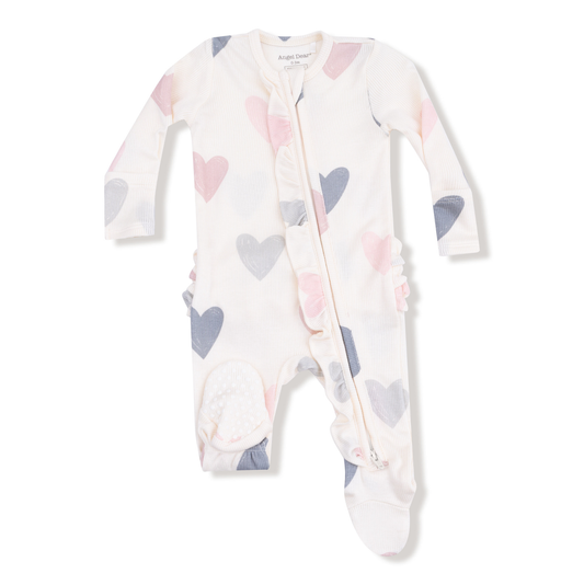 Angel Dear Hearts Ribbed 2 Way Ruffle Zipper Footie