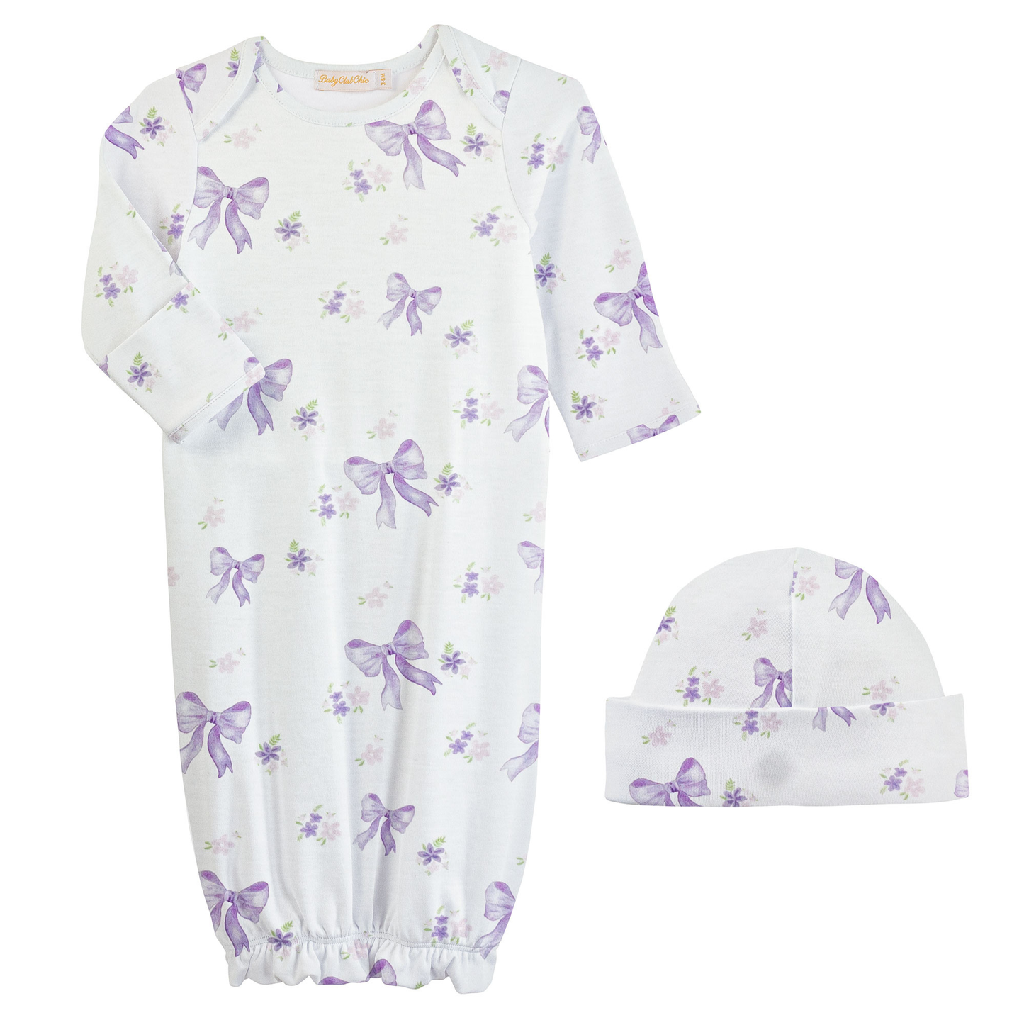 Baby Club Chic Lavender Bows Printed Gown + Hat Set