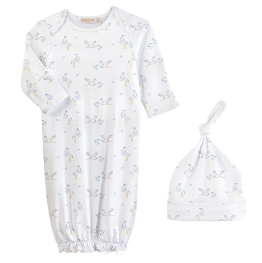 Baby Club Chic Blue Tiny Storks Printed Gown + Hat Set