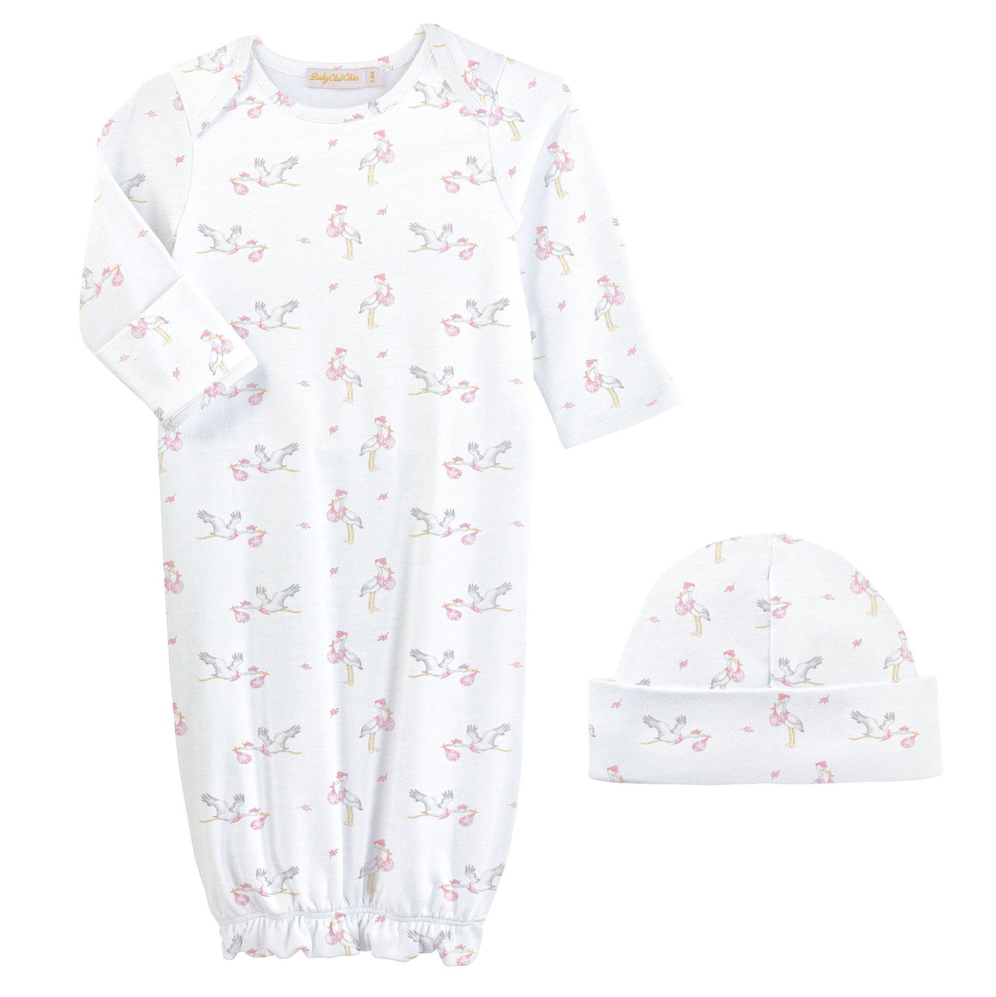 Baby Club Chic Pink Tiny Storks Printed Gown + Hat Set