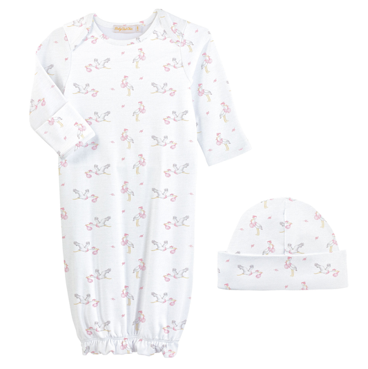 Baby Club Chic Pink Tiny Storks Printed Gown + Hat Set