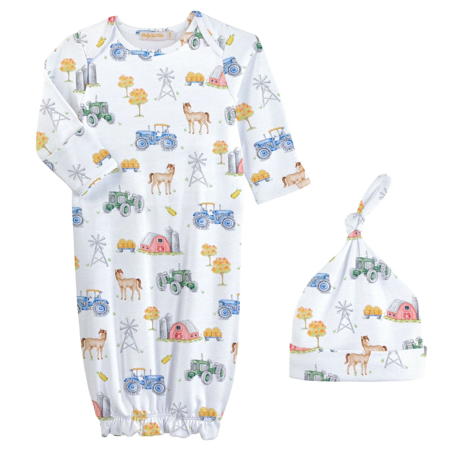 Baby Club Chic Tractor Farm Printed Gown + Hat Set