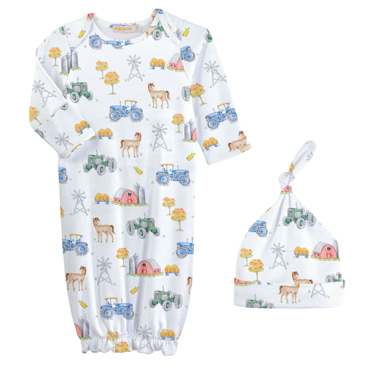 Baby Club Chic Tractor Farm Printed Gown + Hat Set