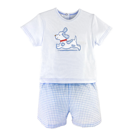 Petit Ami Blue Knit Dog Applique Short Set