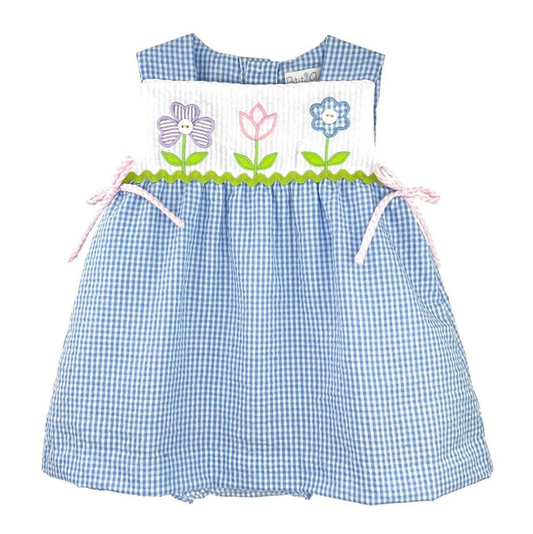 Petit Ami Blue Seersucker Flowers Bloomer Set