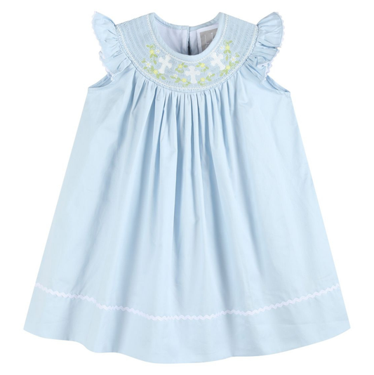 Lil Cactus Blue Floral Crosses Smocked Dress