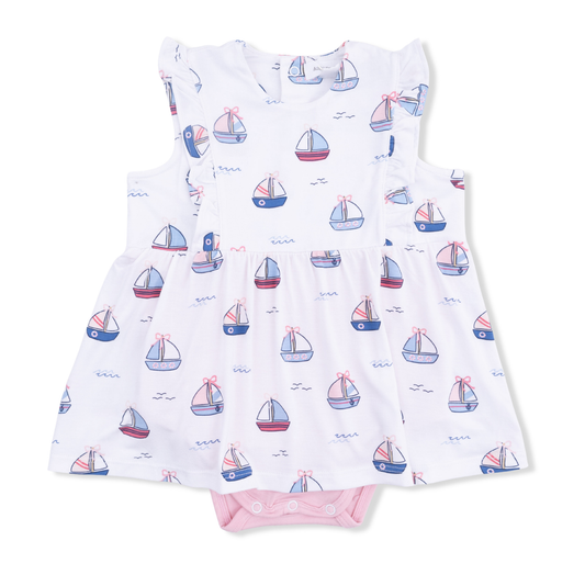 Angel Dear Pink Bubbly Sailboats - Ruffle Bodysuit Dress