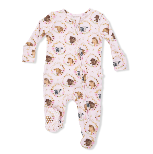 Angel Dear Farm Animals Floral Cameos - 2 Way Ruffle Zipper Footie