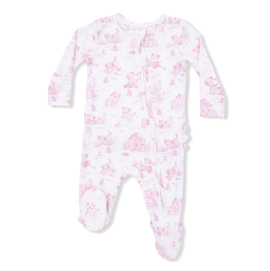 Angel Dear Pink Puppy Toile - 2 Way Ruffle Zipper Footie