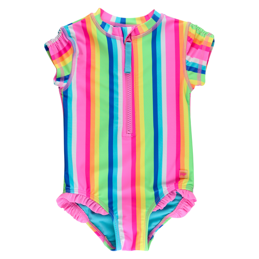 Neon Rainbow Stripe Short Sleeve Rash Guard One Piece Swimsuit