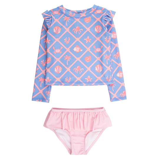 Tropical Trellis Flutter LS Rash Guard Skirted 2-Piece Swimsuit