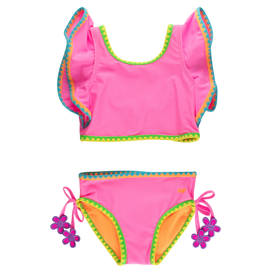 Neon Pink Crochet Detail Butterfly Tankini Swimsuit