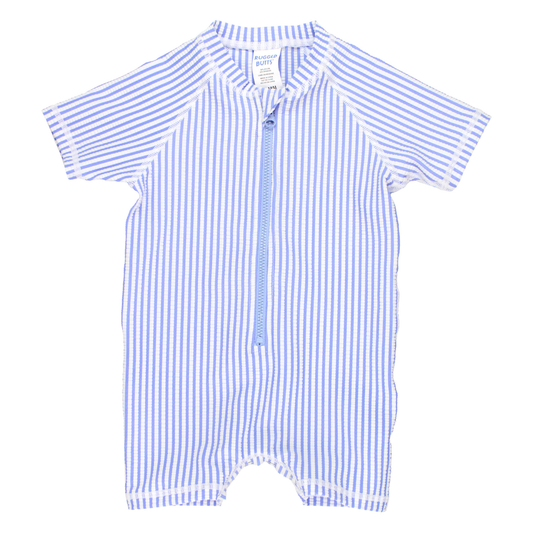 Periwinkle Seersucker Short Sleeve One Piece Rash Guard Swimsuit
