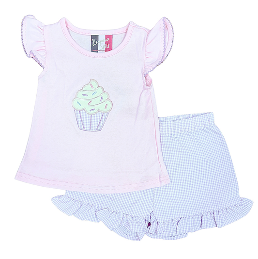 Banana Split Cupcake Applique Ruffle Short Set