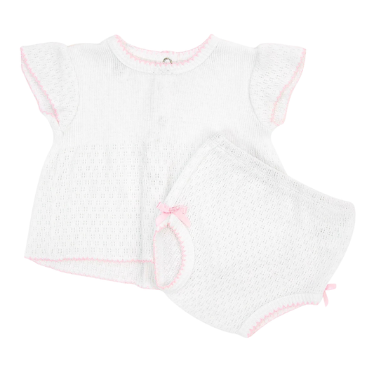 Paty Knit Flutter Sleeve Diaper Set - Pink Trim