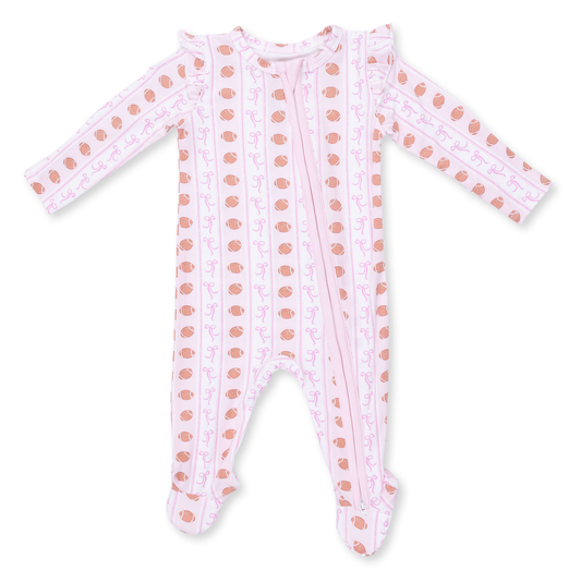 Angel Dear Football Bow Stripe - 2 Way Ruffle Sleeve Zipper Footie