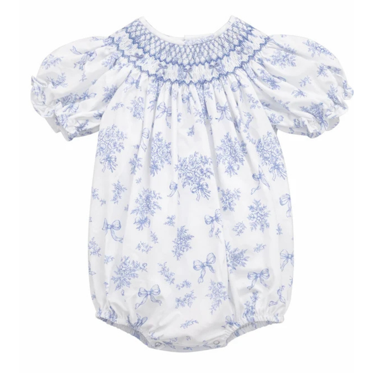 Evelyn White/Blue Floral Print Smocked Bubble