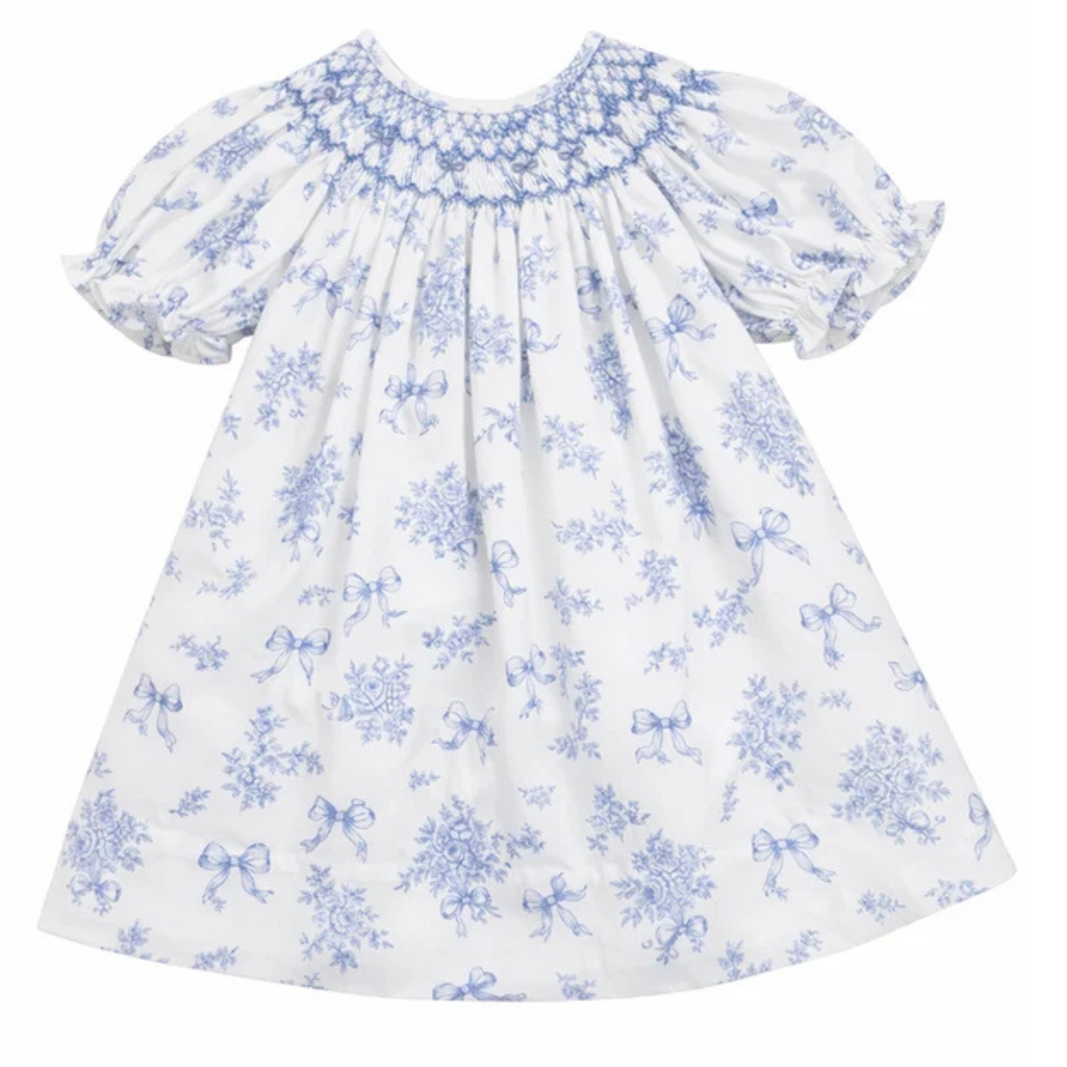 Evelyn White/Blue Floral Print Smocked Dress