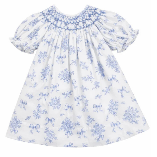 Evelyn White/Blue Floral Print Smocked Dress