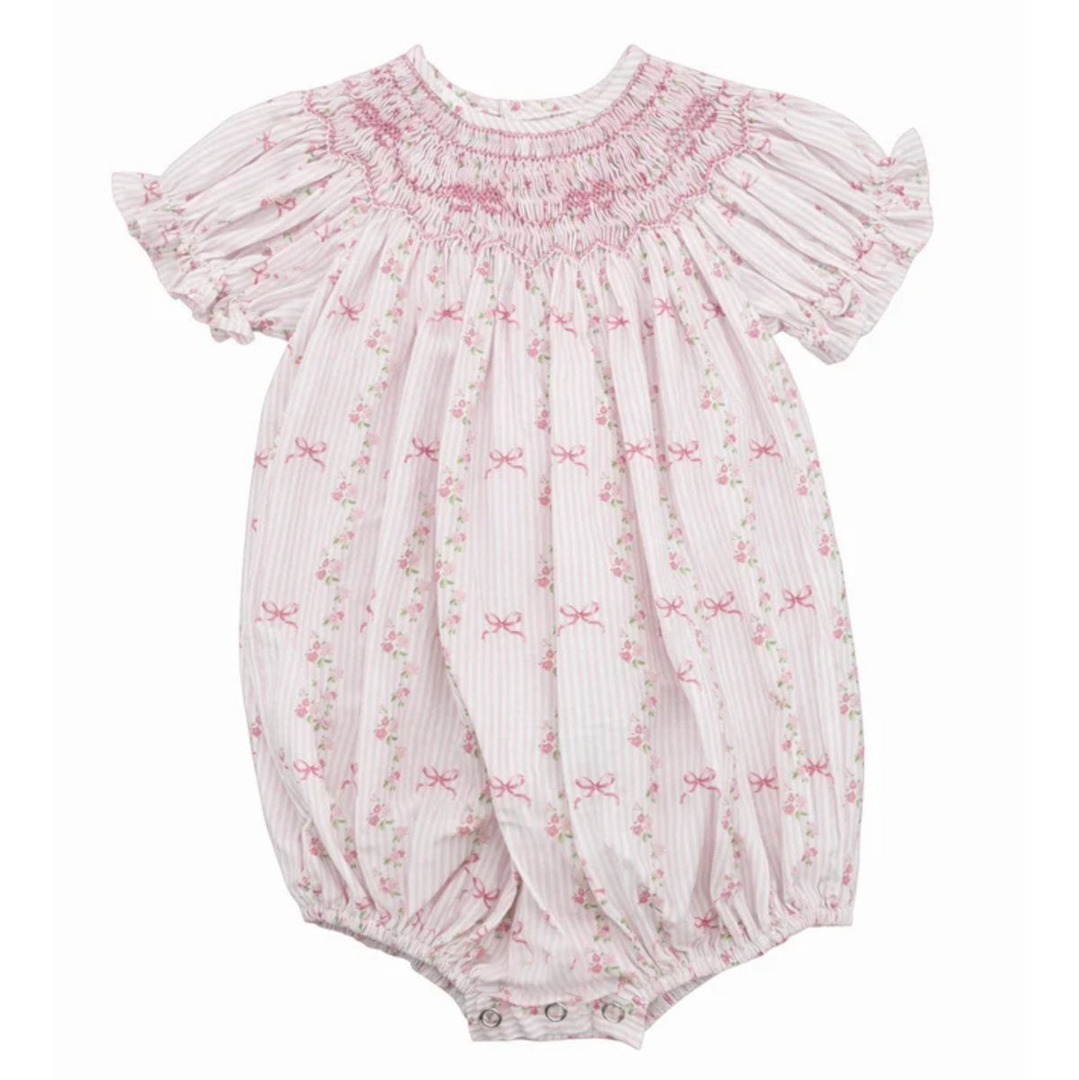 Britney Pink Stripe Bow Smocked Floral Bubble
