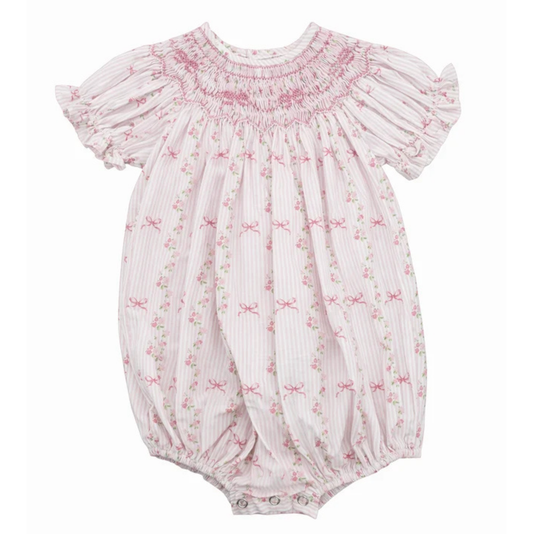 Britney Pink Stripe Bow Smocked Floral Bubble