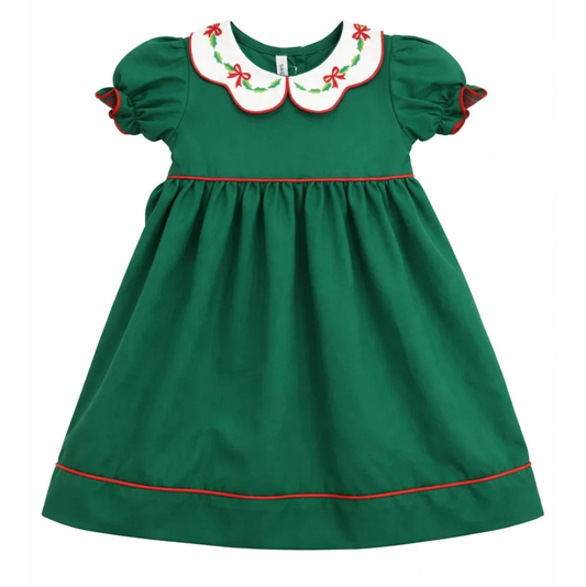 Bow & Holly Embr. Scallop Collar Hunter Green Dress