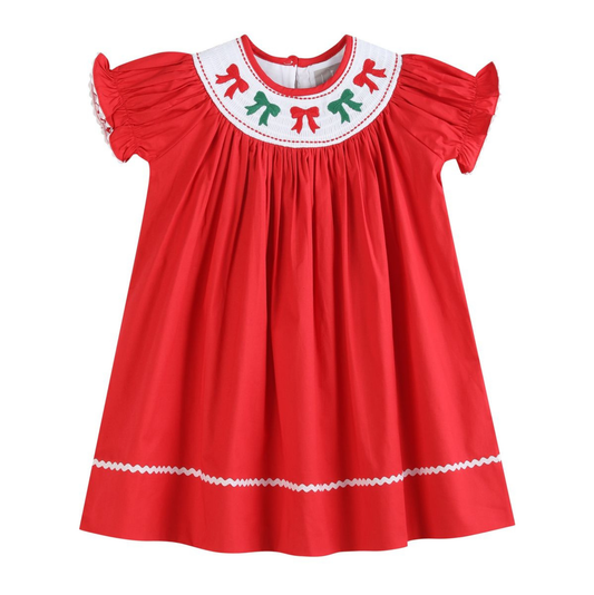 Lil Cactus Red Christmas Bows Smocked Bishop Dress
